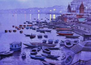 Painting of benaras ghats with watercolour on paper