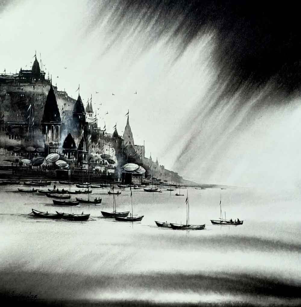 Painting of Varanasi Ghat on canvas