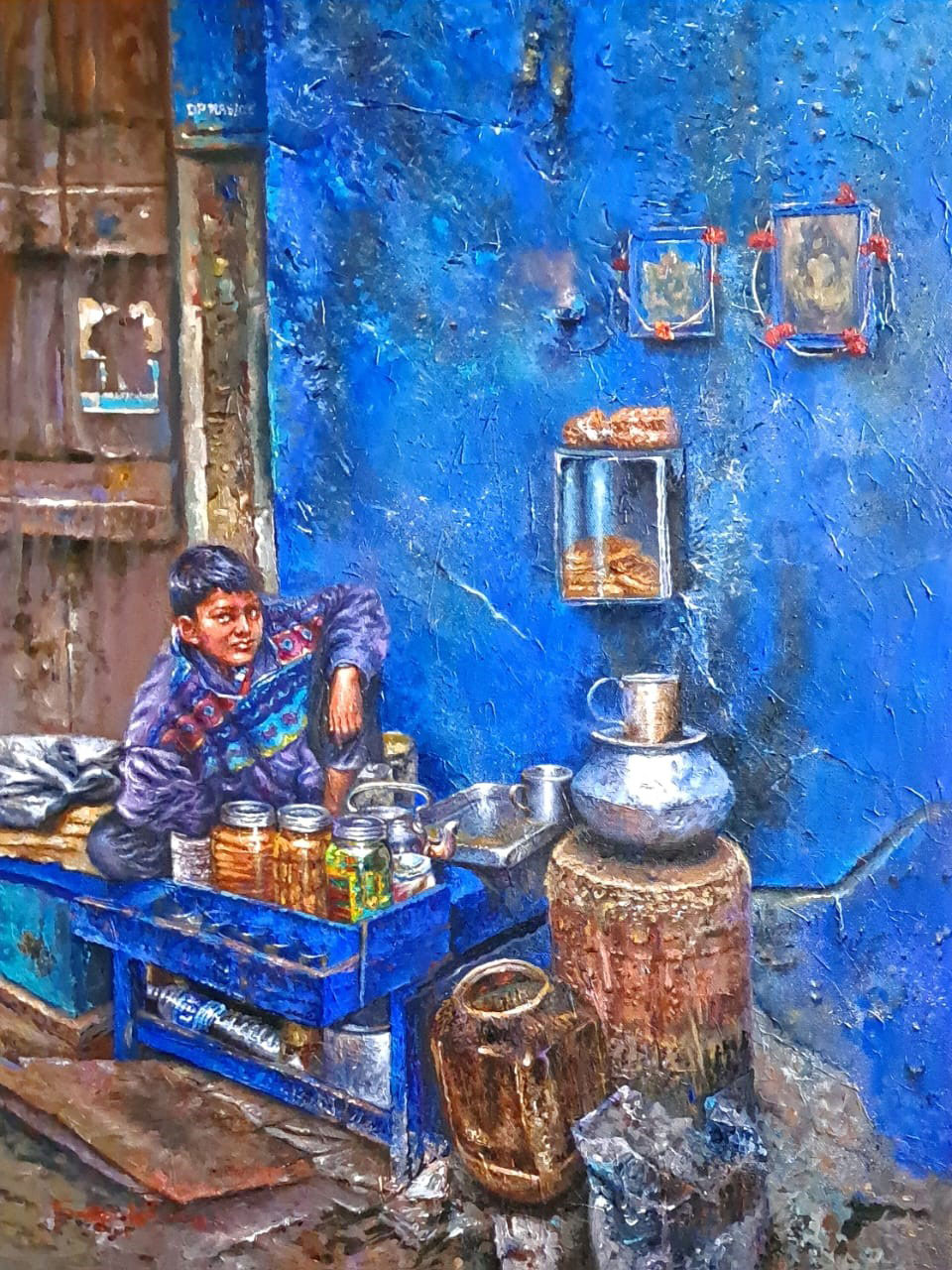 Painting of tea stall on canvas