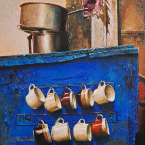 Painting of tea stall on canvas