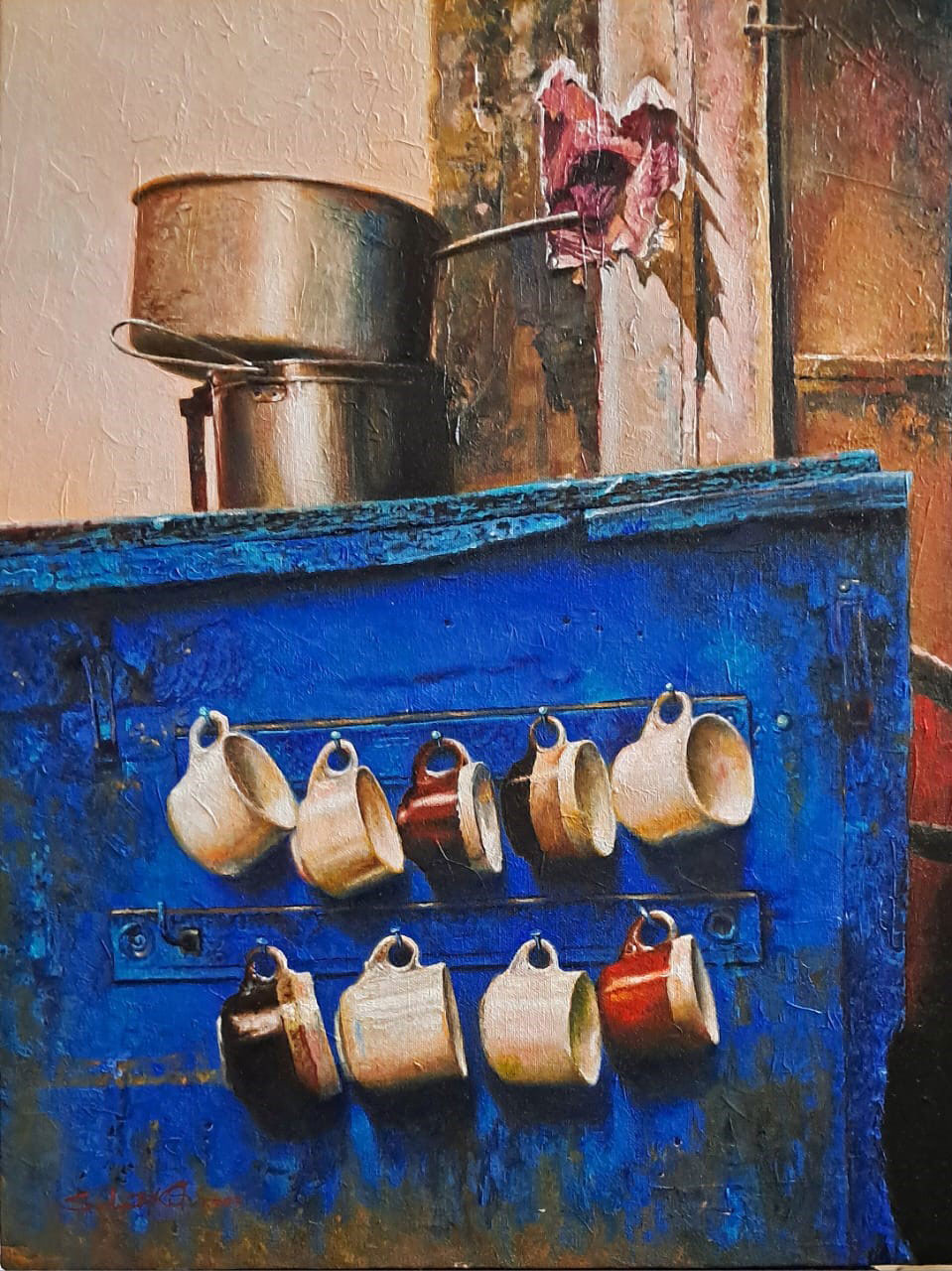 Painting of tea stall on canvas