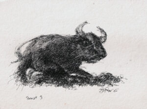 Painting of bull with pen and ink on paper