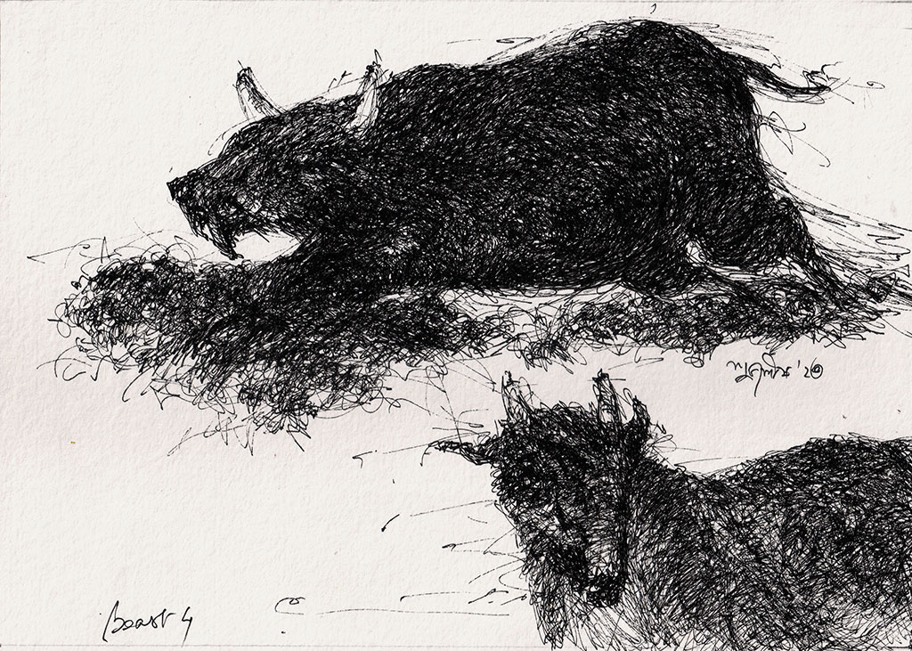 Painting of bull with pen and ink on paper