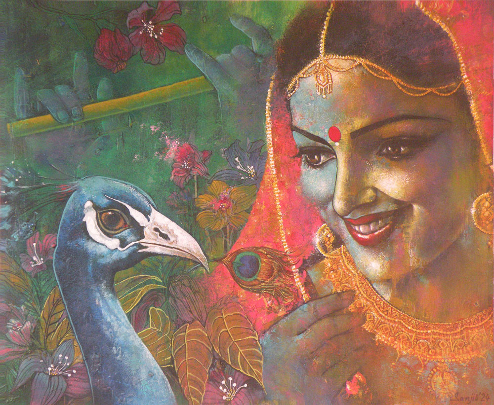 Painting of woman with peacock on paper
