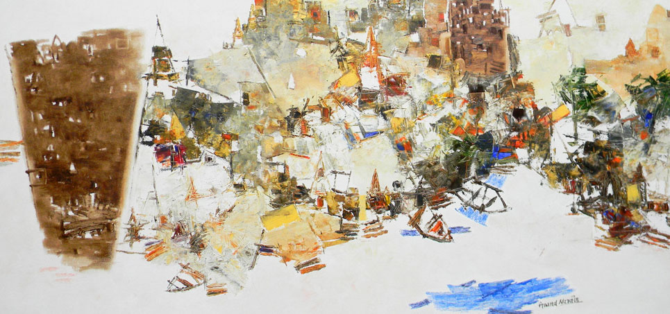 Painting of Benaras in abstract style with oil on canvas