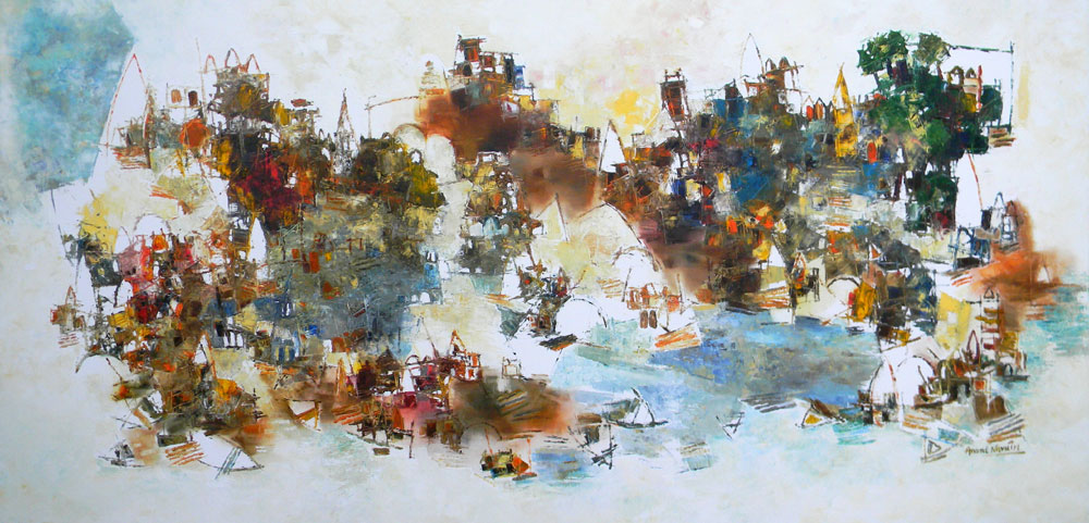 Painting of Benaras in abstract style with oil on canvas