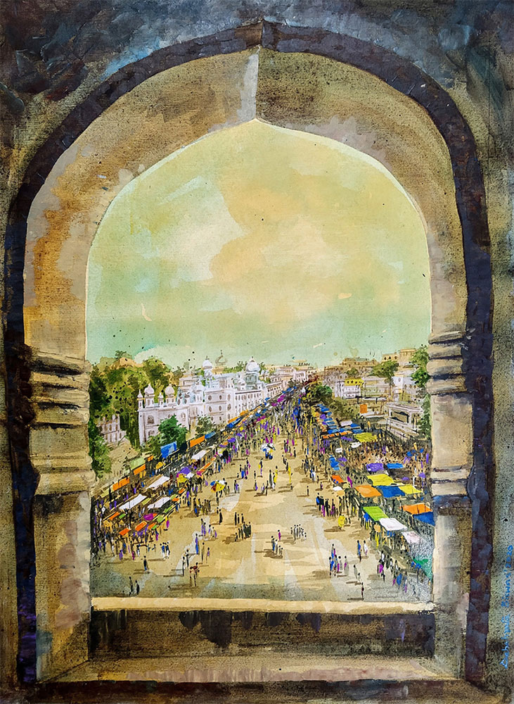 Painting of city life on canvas in Hyderabad