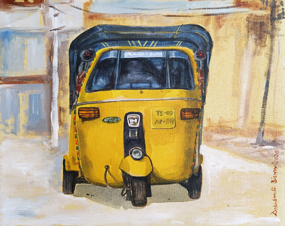 Painting of city life on canvas in Hyderabad