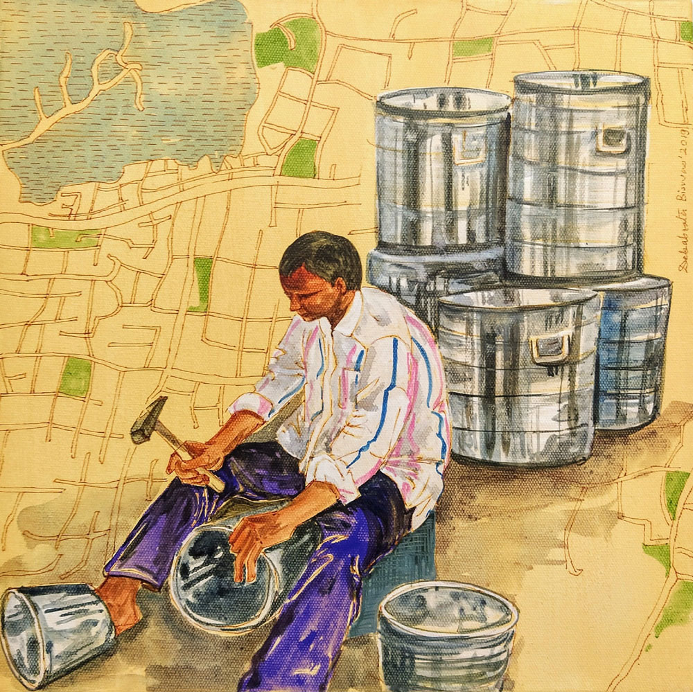 Painting of city life on canvas in Hyderabad