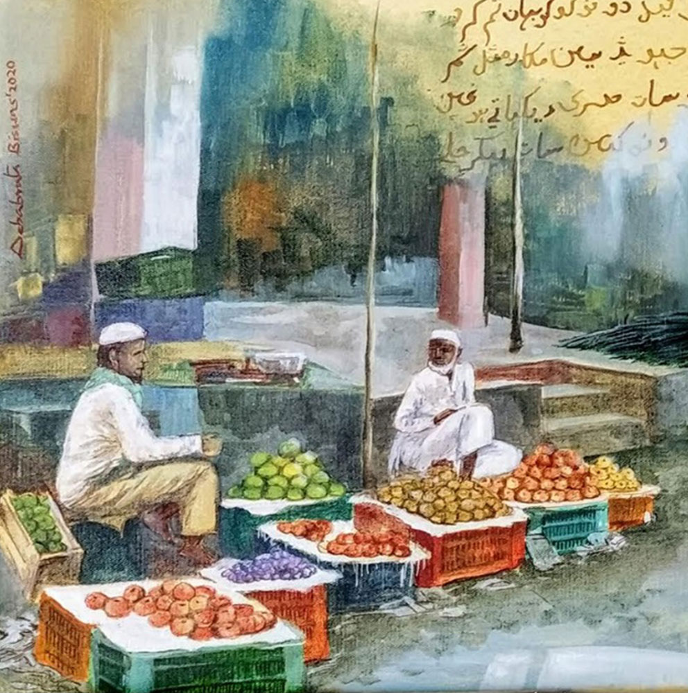 Painting of city life on canvas in Hyderabad