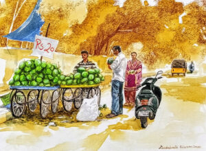 Painting of city life on canvas in Hyderabad