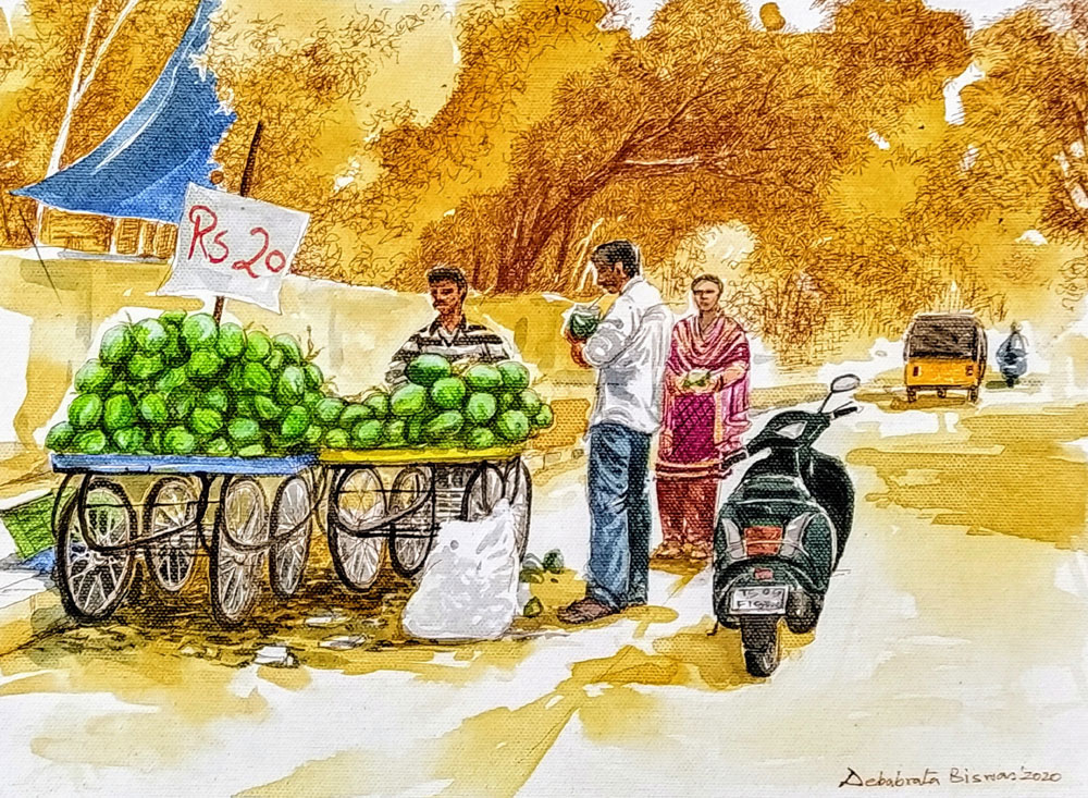 Painting of city life on canvas in Hyderabad