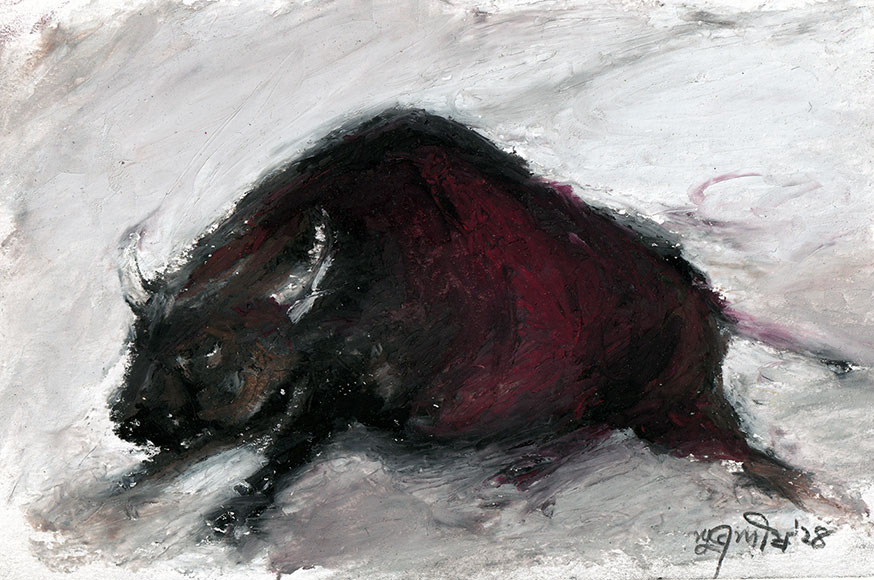 Painting on paper of bull with oil pastel