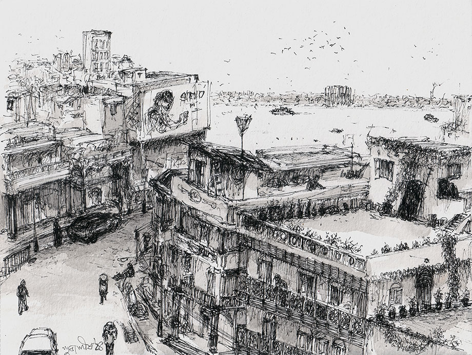 Kolkata cityscape with pen and ink on paper