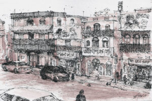 Kolkata cityscape with pen and ink on paper
