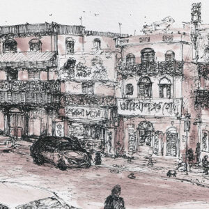 Kolkata cityscape with pen and ink on paper