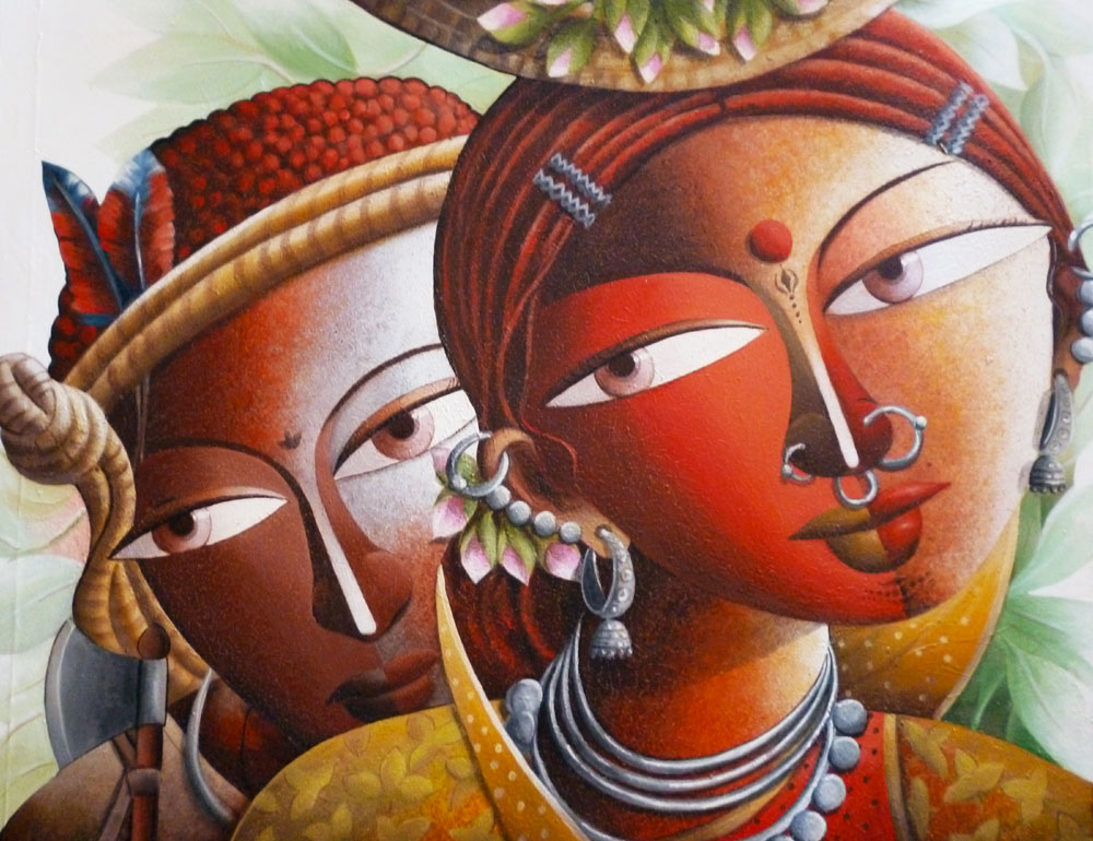 Painting of Santhal lovers on canvas