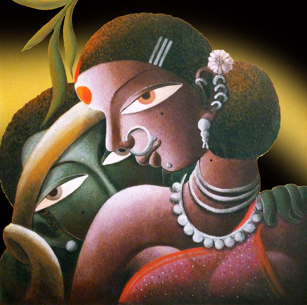 Painting of Santhal lovers on canvas