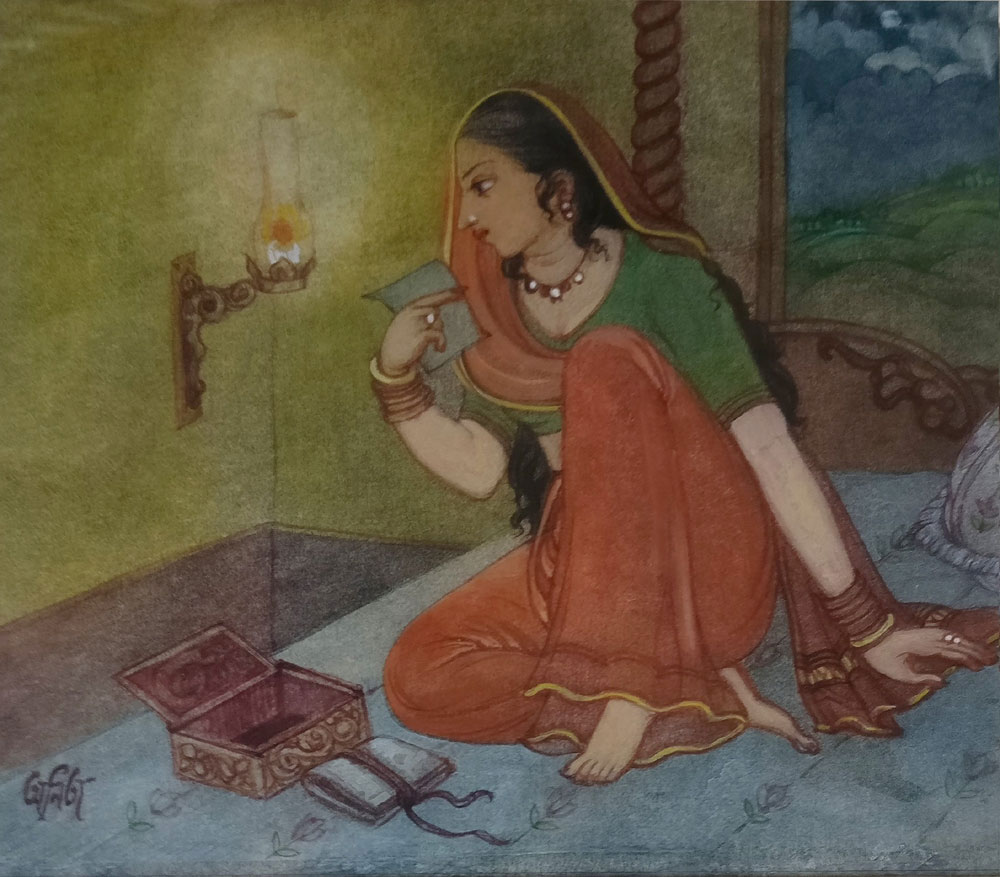 Painting with watercolour wash on paper of human figure.