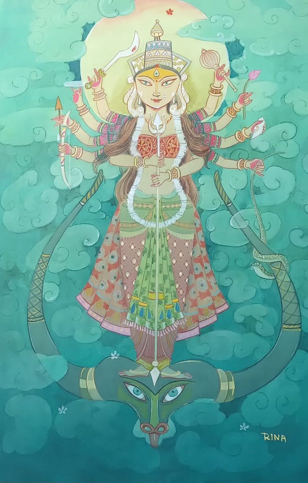 Watercolour wash painting on paper of Durga