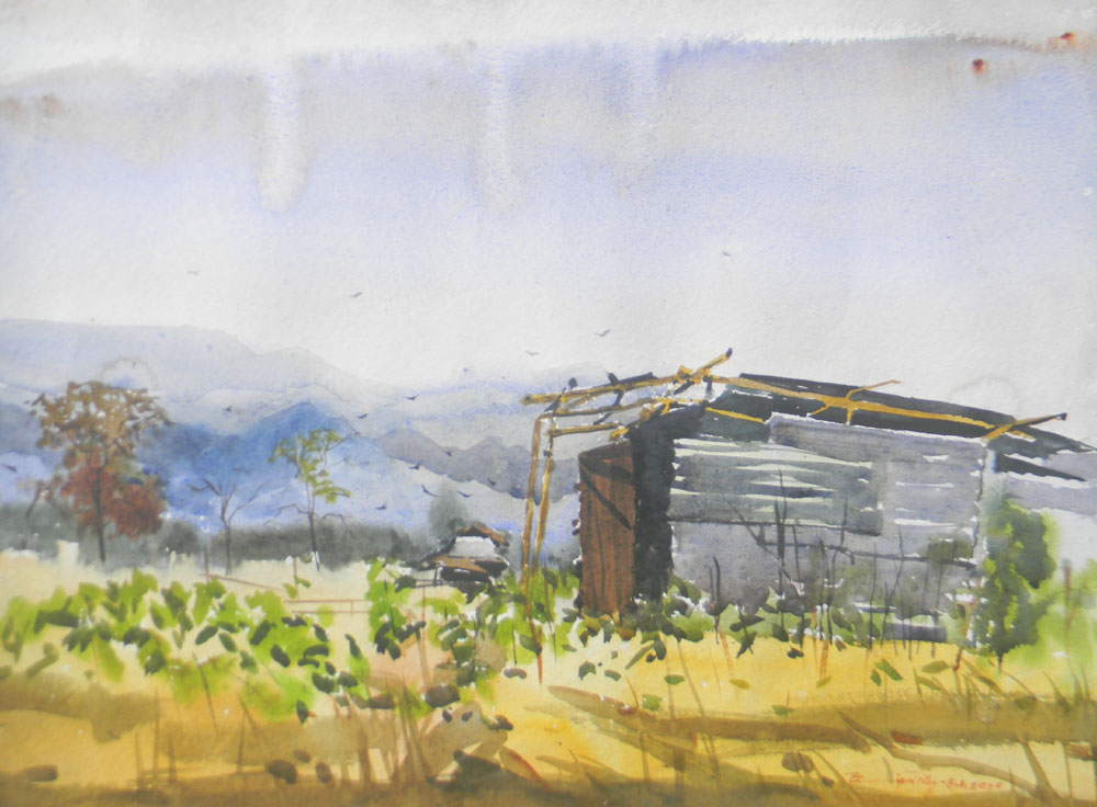 Painting of landscape on paper