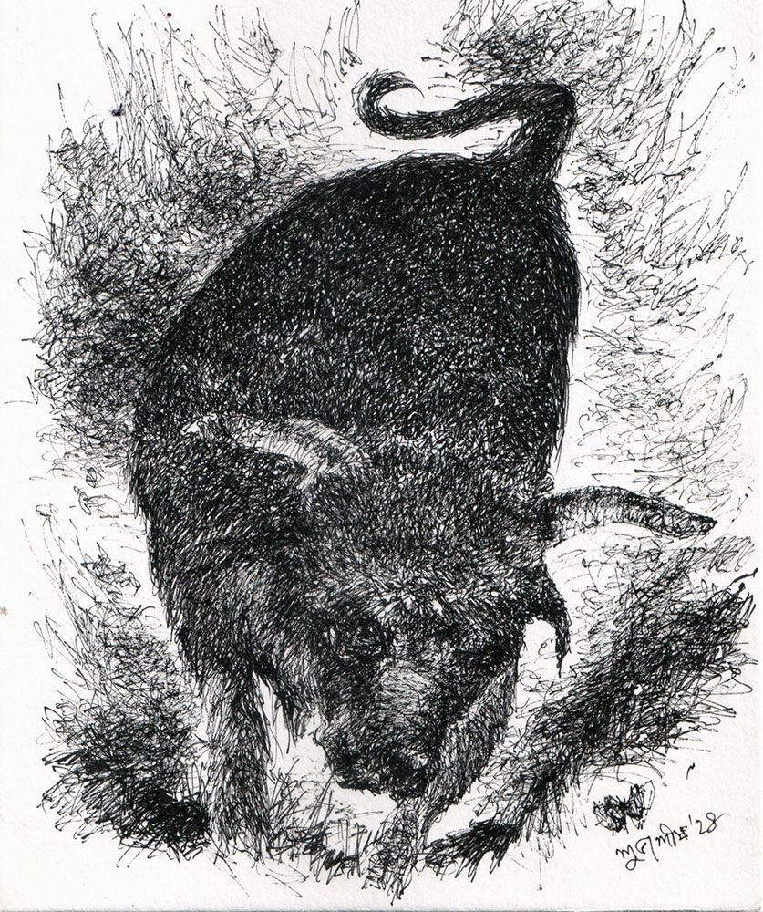 Painting of beast with pen and ink on paper