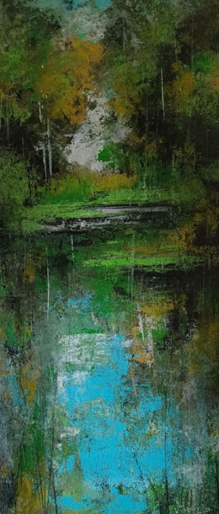 Abstract landscape painting with acrylic on paper