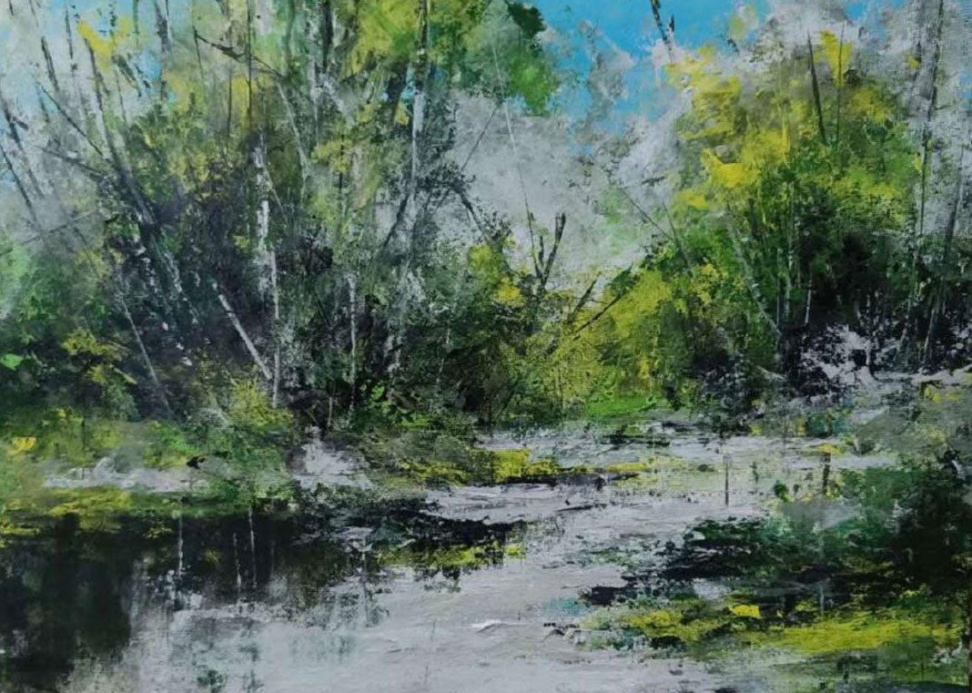 Abstract landscape painting with acrylic on paper
