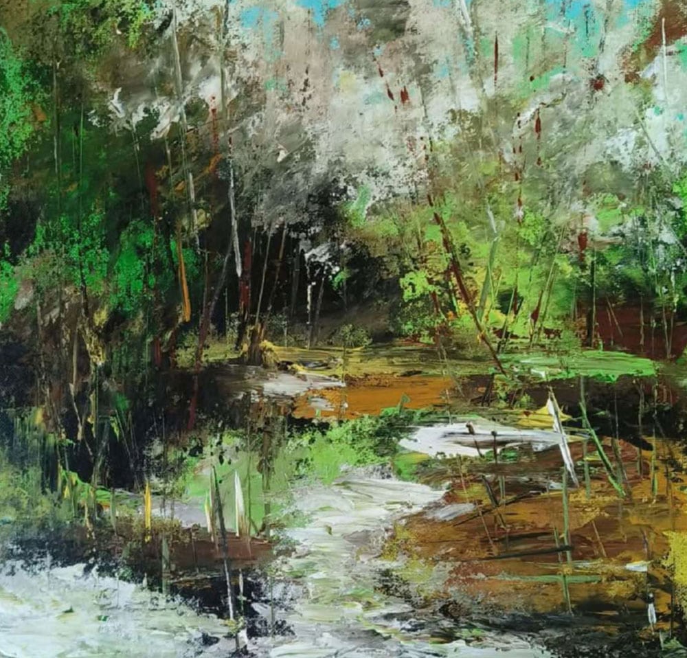 Abstract landscape painting with acrylic on paper