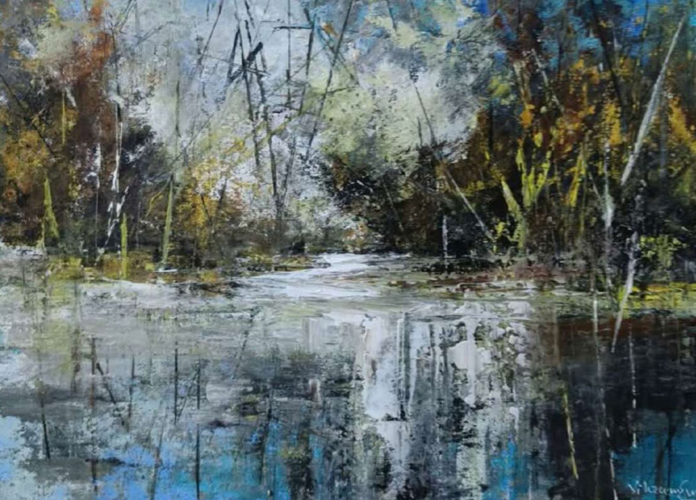 Abstract landscape painting with acrylic on paper