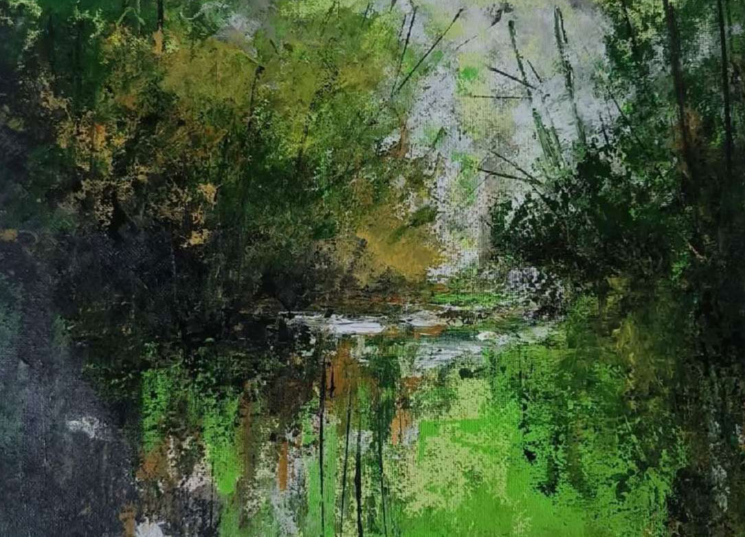 Abstract landscape painting with acrylic on paper