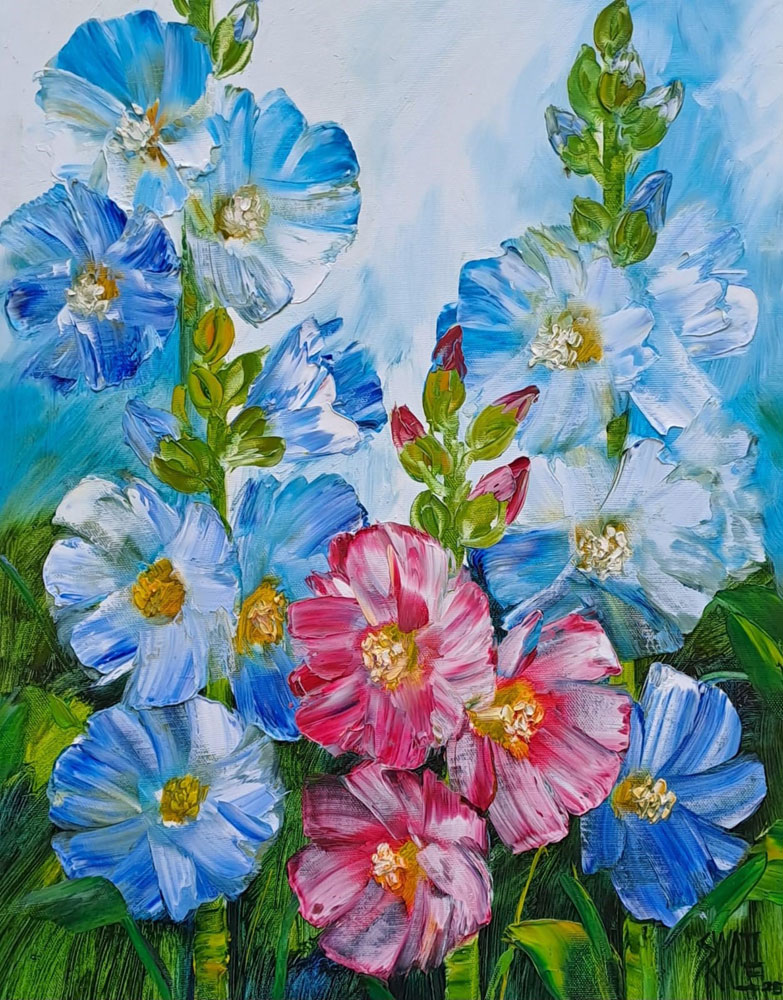 Painting of flowers with oil on canvas