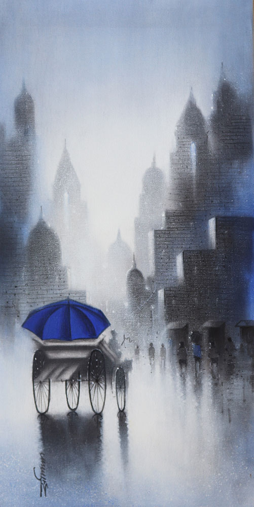 Painting of abstract cityscape on canvas