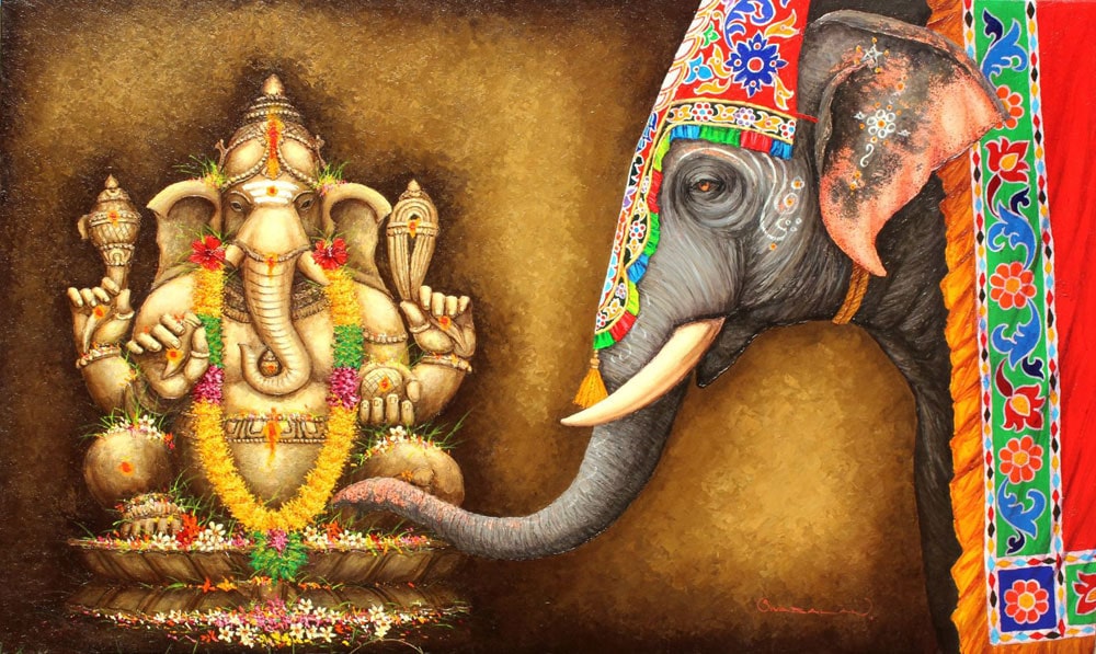 Painting of elephant and Ganesha on canvas