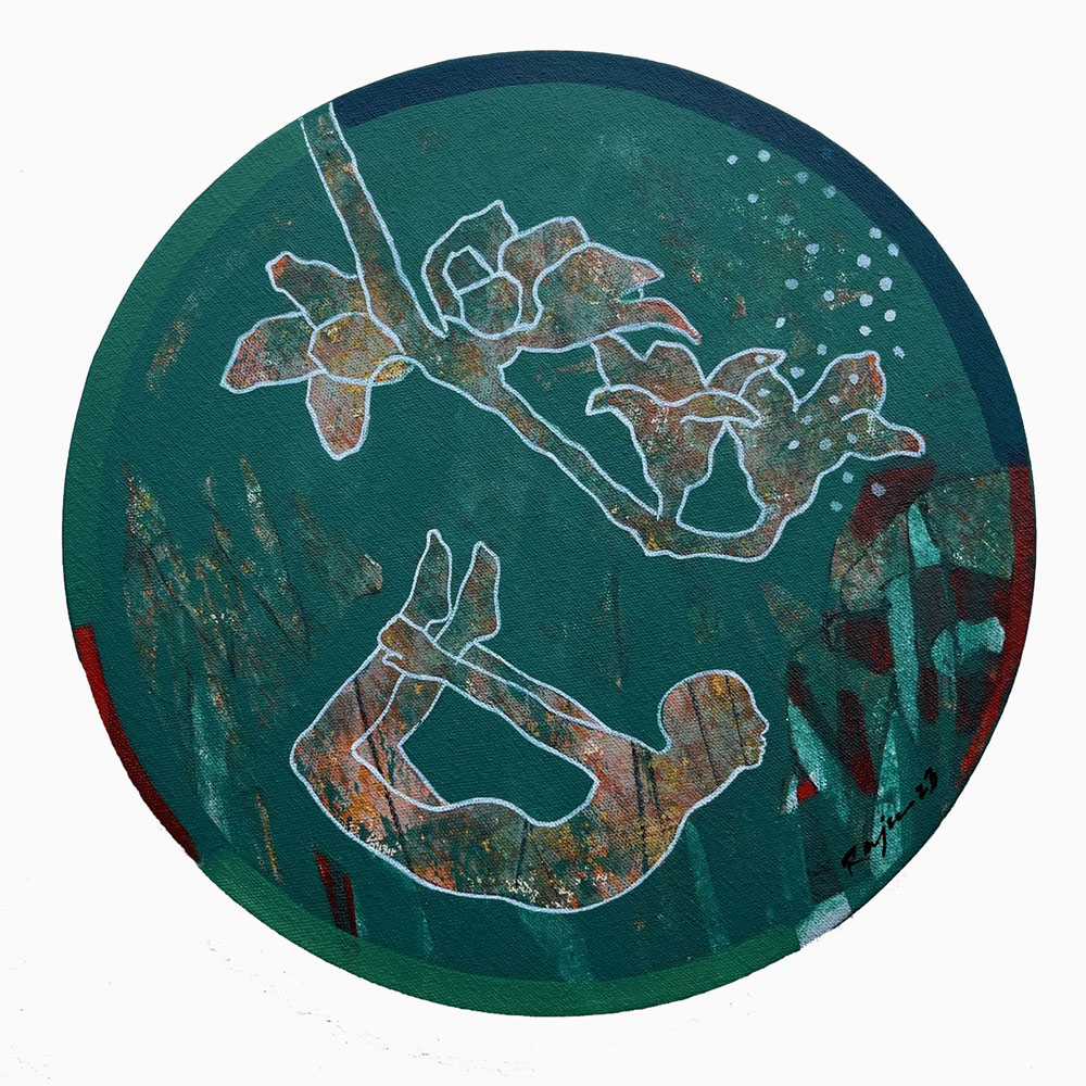 Painting on canvas of figuratives in meditation
