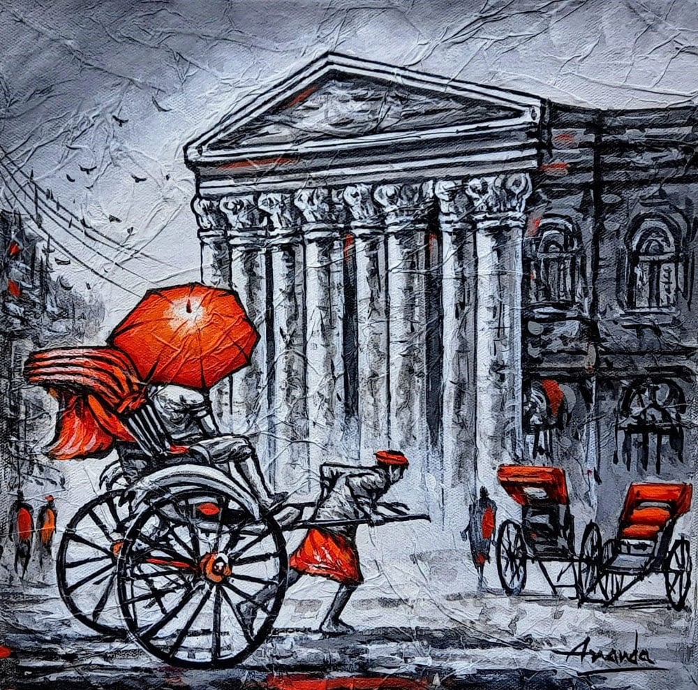 Kolkata cityscape rickshaw on canvas