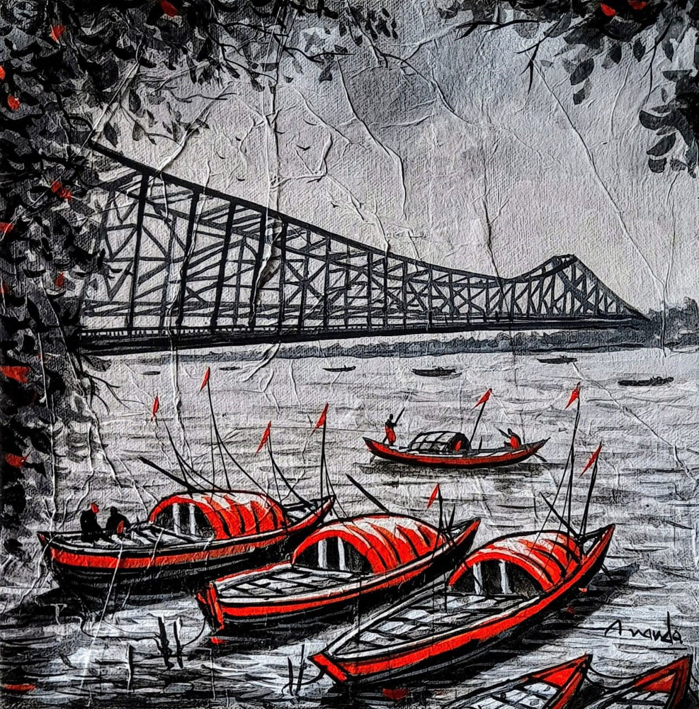 Kolkata cityscape boats and howrah bridge on canvas