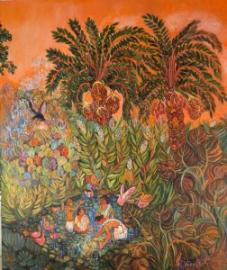 People amongst flora and fauna on canvas