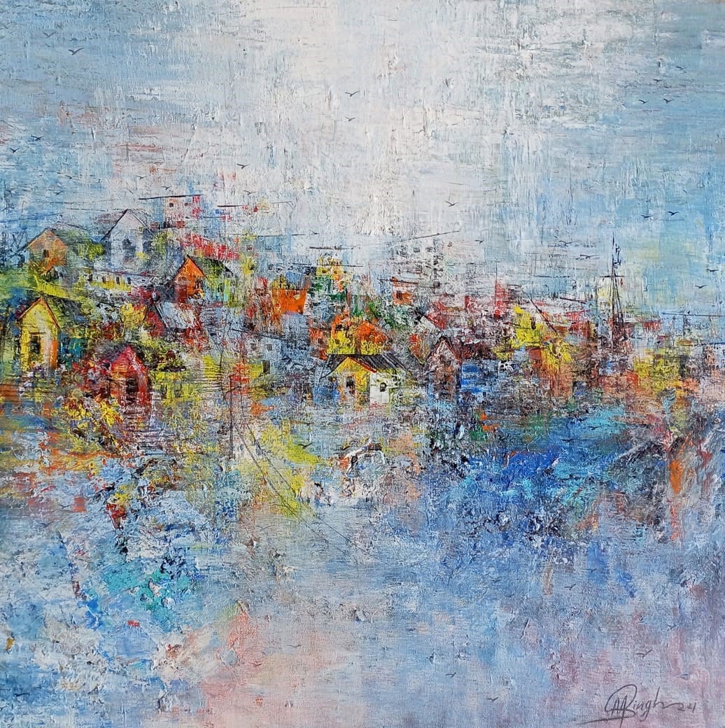 Painting of abstract art with acrylic on canvas