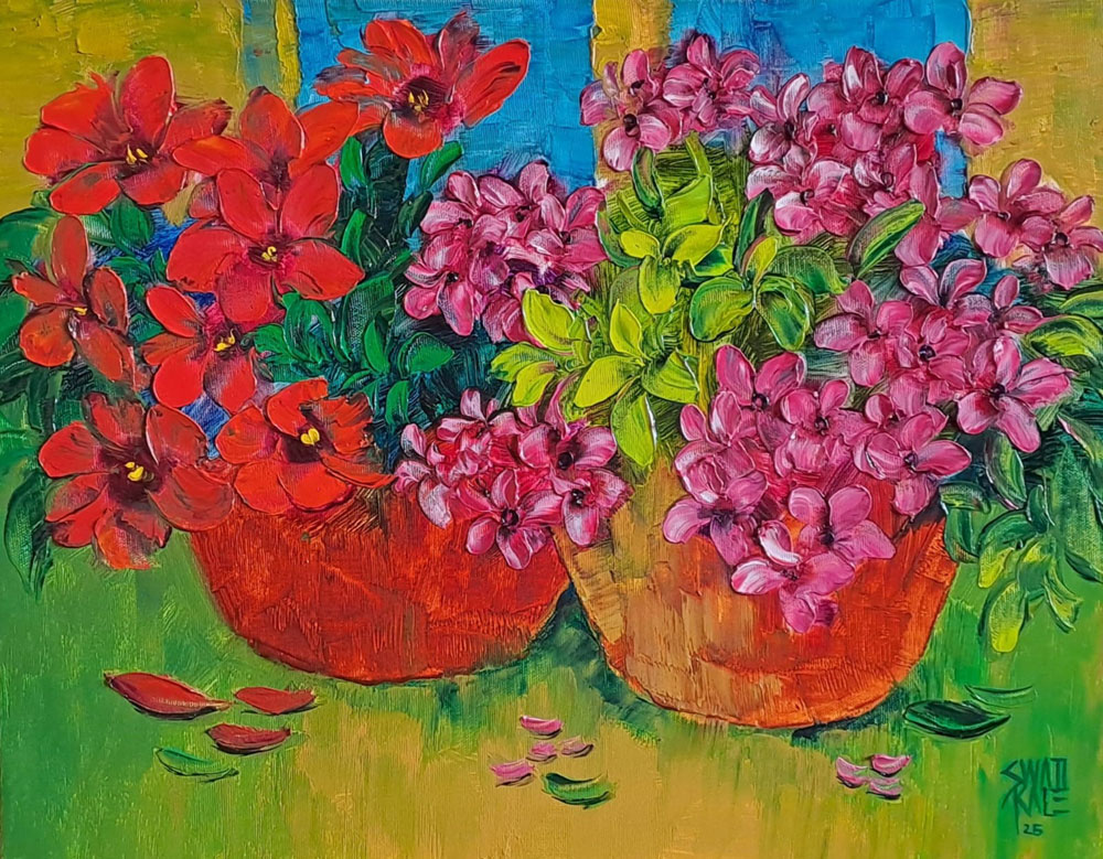 Painting with oil on flowers on canvas