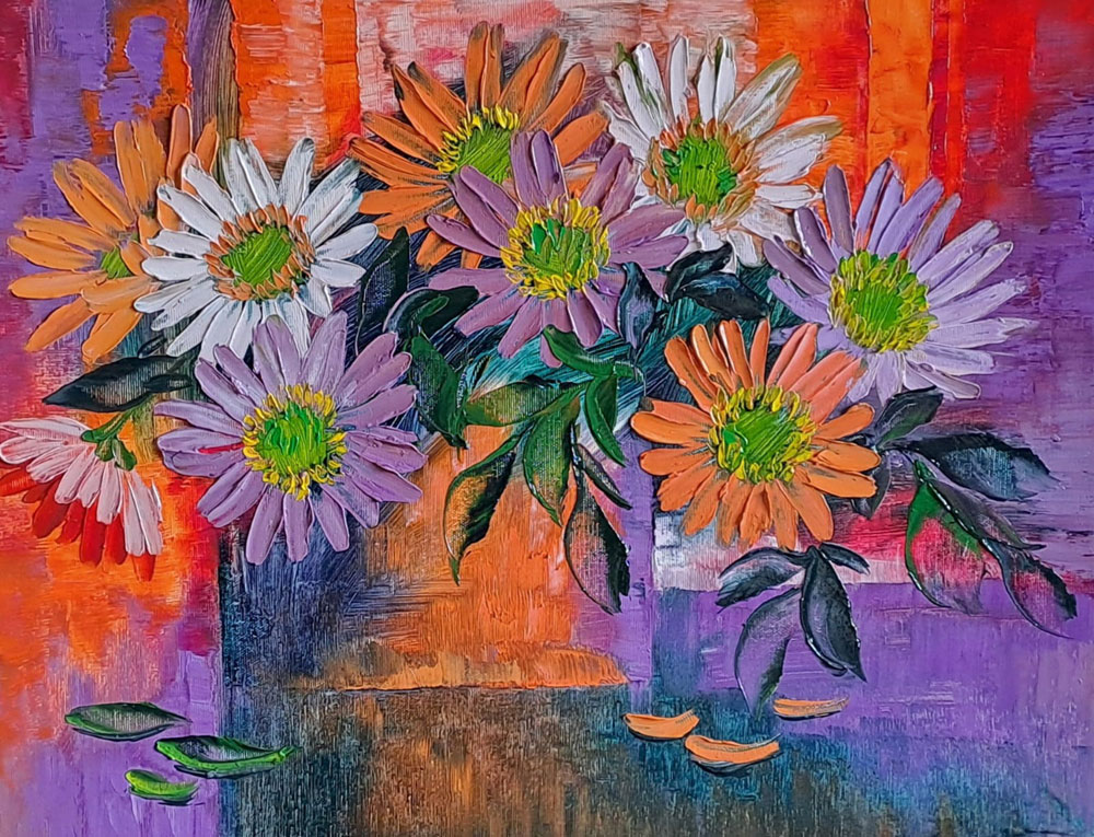 Painting of flowers with oil on canvas