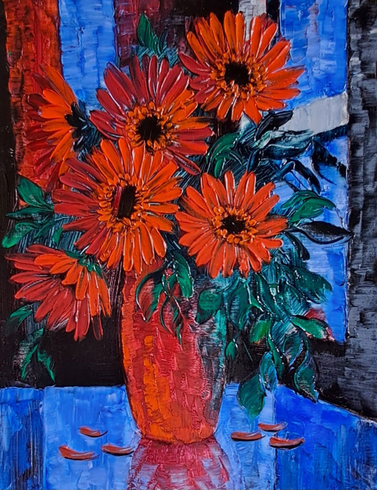 Painting of flowers with oil on canvas
