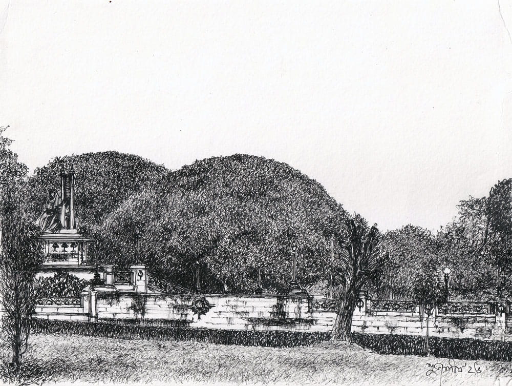 Live study of Victoria Memorial with pen and ink on paper