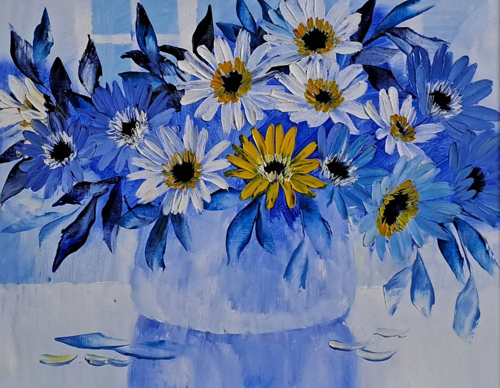 Painting of flowers with oil on canvas