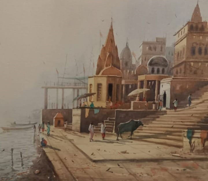 Painting of Benaras with watercolour on paper