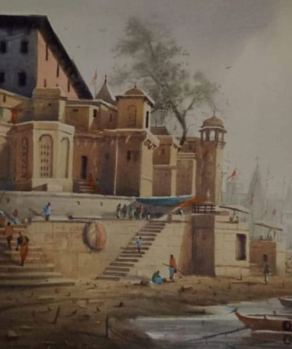 Painting of Benaras with watercolour on paper