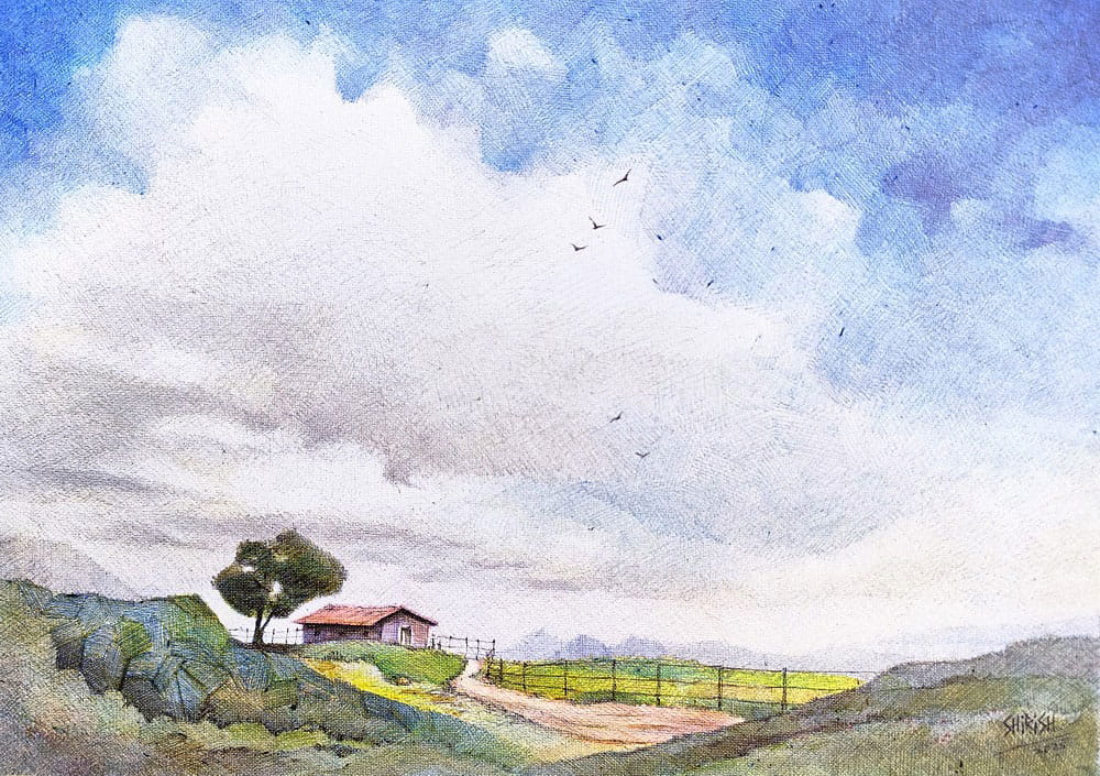 Painting of landscape with ball point pens on paper