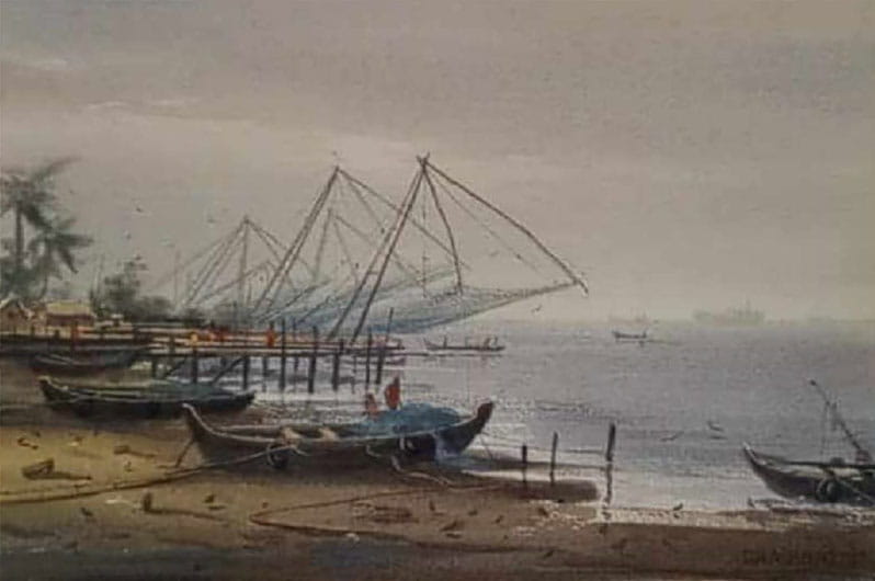 Painting of landscape with watercolour on paper