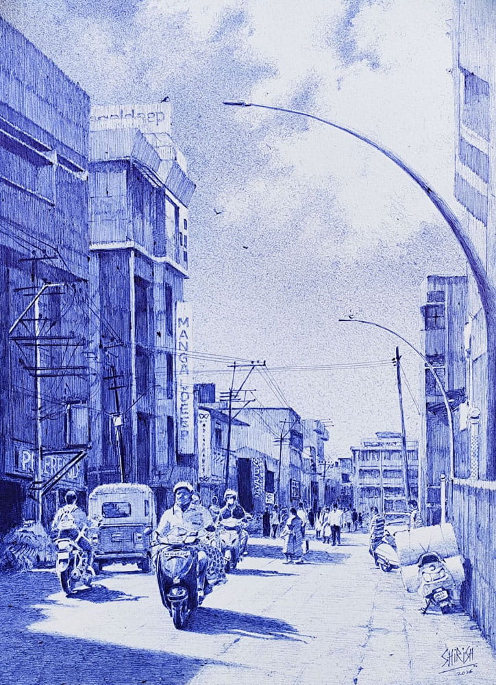 Painting of city road with ball point pens on paper
