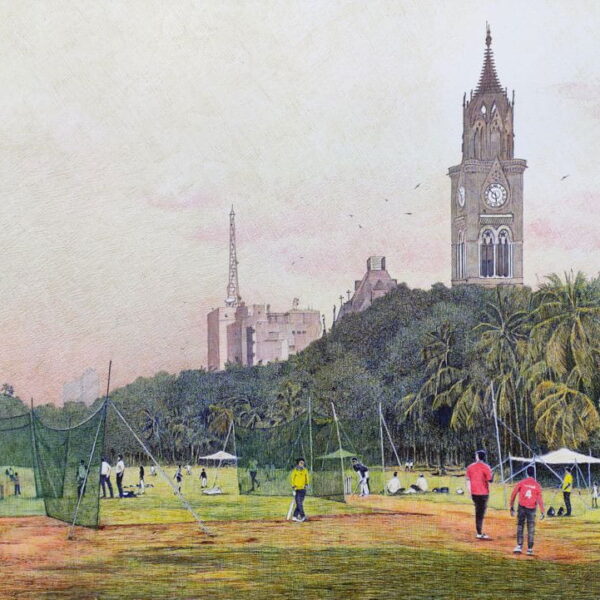 Painting of a building with ball point pens on paper